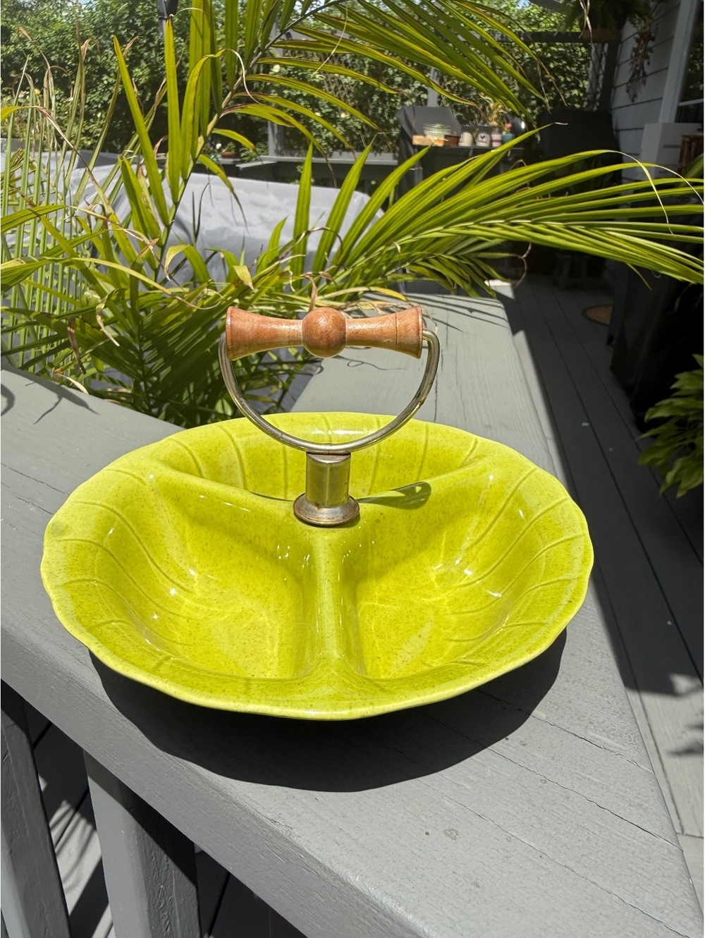 Vintage Mid Century Avocado Green Divided Relish Tray with Wood Handle